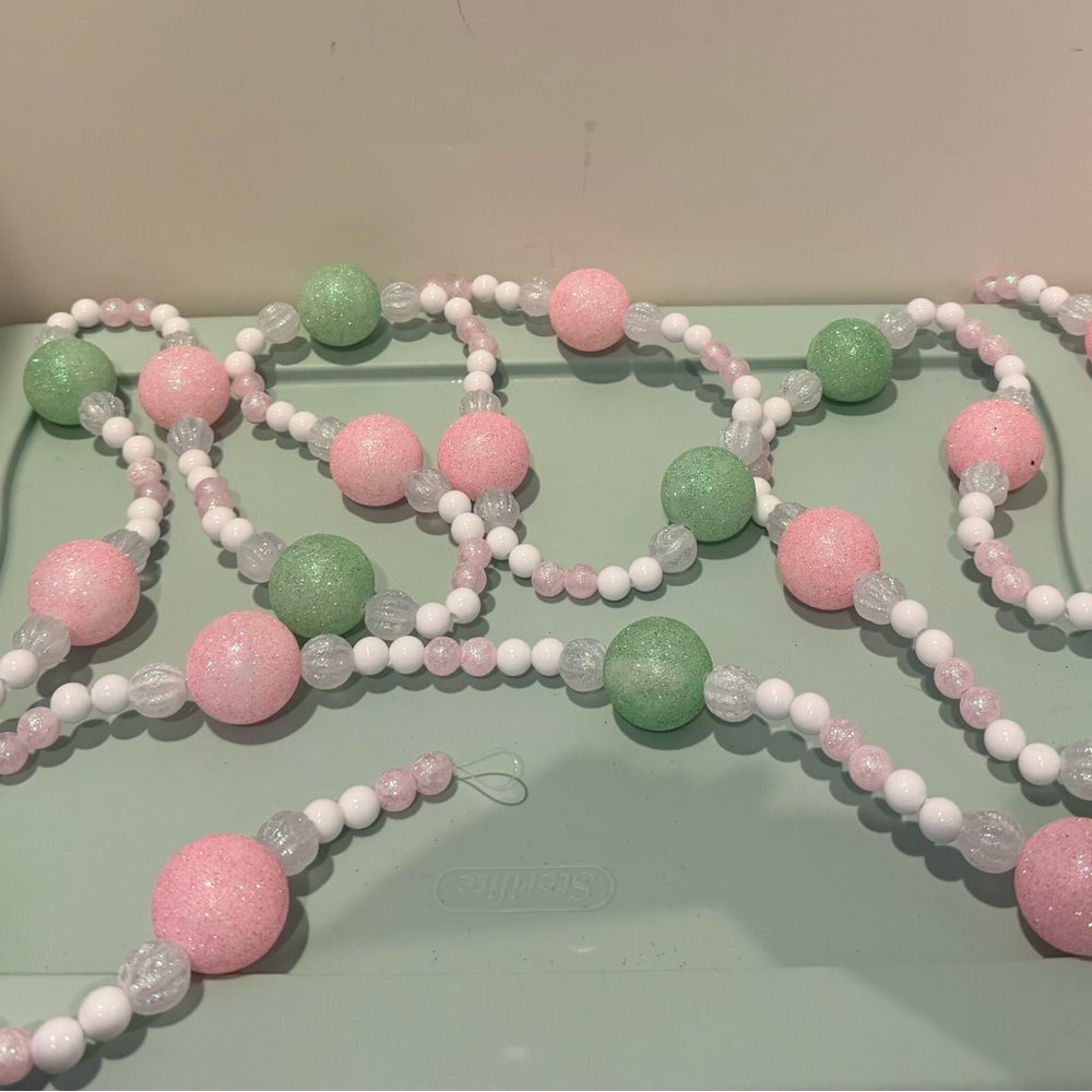 Pretty Pink, Green, and White Beaded Garland- 2 strands- 70 inches Each- NWT